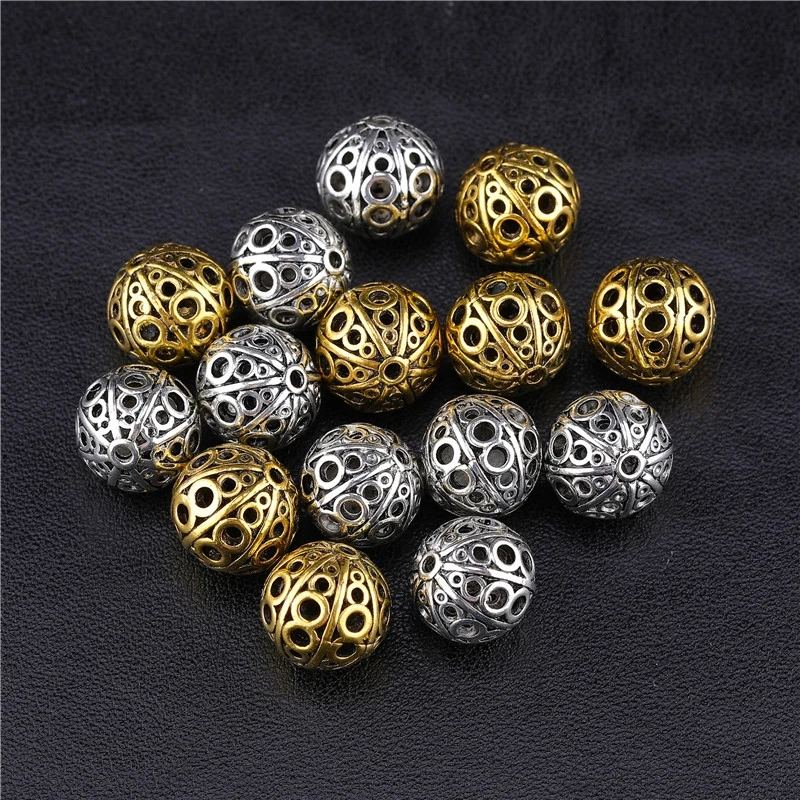 Juya 20pcs/Lot Handmade Antique Gold Silver Plated 10 12mm Hollow Decoration Metal Beads For DIY Beadwork Jewelry Making