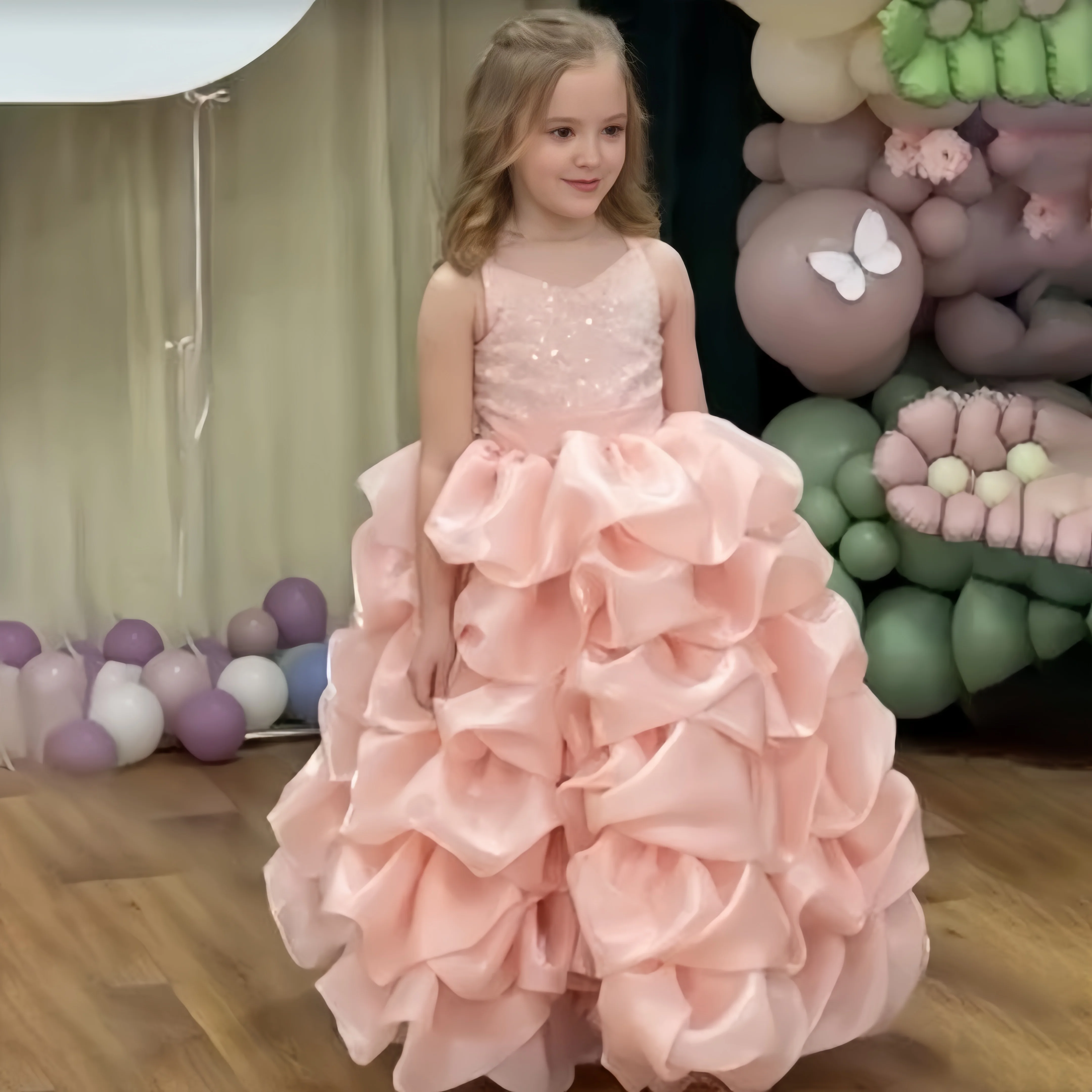 Pink Sequin Multi-layer Pleated Dress Flower Girl Dress Customized Ball Drss Children's Birthday Party First Communion Dress