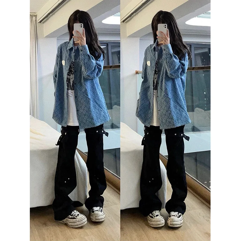 

Американские джинсы High Street Vibe Bla, рабочая одежда, женские весенне-осенние новые свободные брюки с поясом, прямые брюки-клеш с микро-клеш