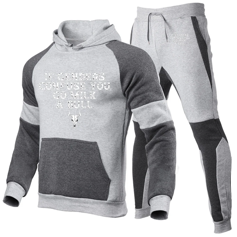 If Genders Confuse You Go Milk A Bull Logo Print 2025 Spring And Autumn Man's Patchwork Pocket Designer Hoodies Pants Suits