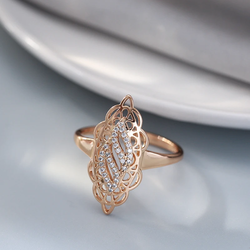 Kinel Hot Luxury 585 Rose Gold Women Ring Natural Zircon Hollow Flower Ethnic Bride Wedding Rings Trend Daily Vintage Jewelry