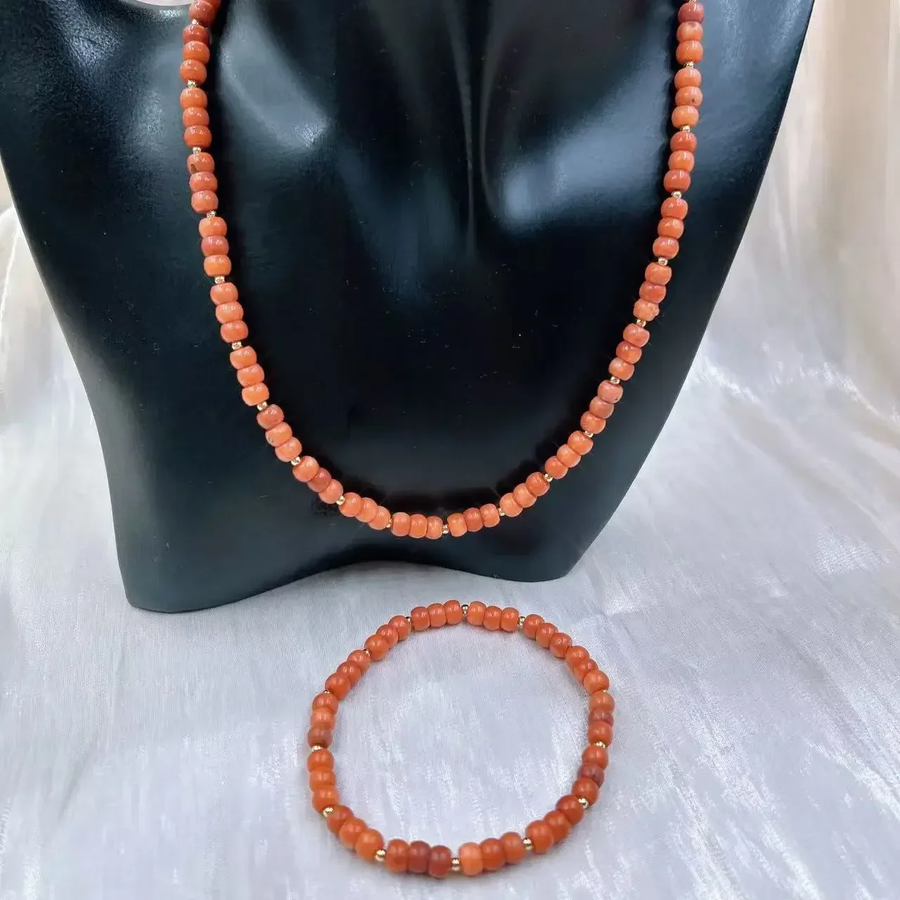 4x6mm Vintage Natural Sea Bamboo Small Orange Coral Women Jewelry Short Collar Necklace Bracelet Jewelry Set 17"  7.5" view 3