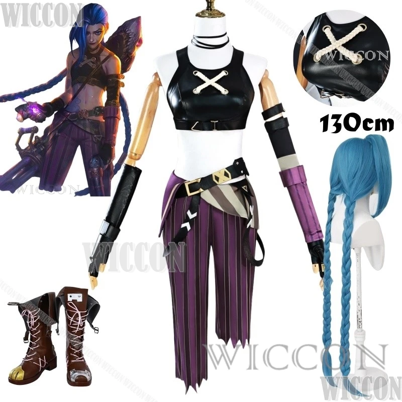 Anime Game LOL Arcane Cosplay Costume Crit Loli Jinx Cosplay Loose Cannon Cosplay Outfit Wig Sexy Women Carnival Outfit Finger