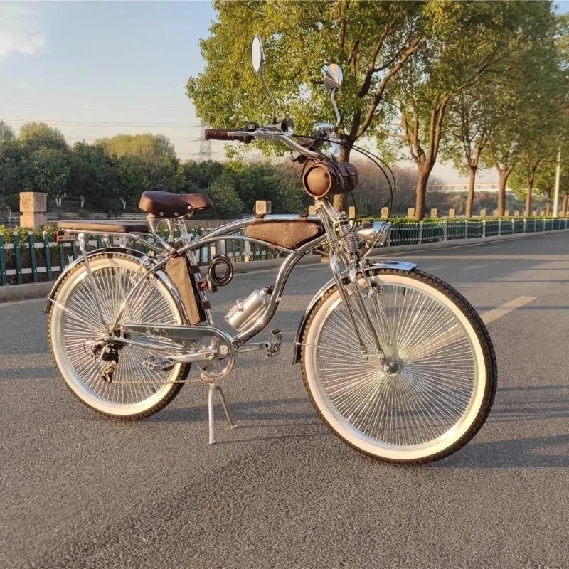 

Silver nostalgic beach bike, retro cycling bike, shooting props