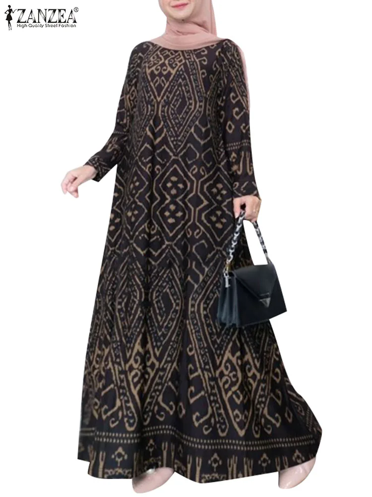 ZANZEA Vintage Printing Holiday Maxi Dress Casual Bohemian Muslim Long Sleeve Dubai Vestido Elegant Women Loose Long Robe Kaftan