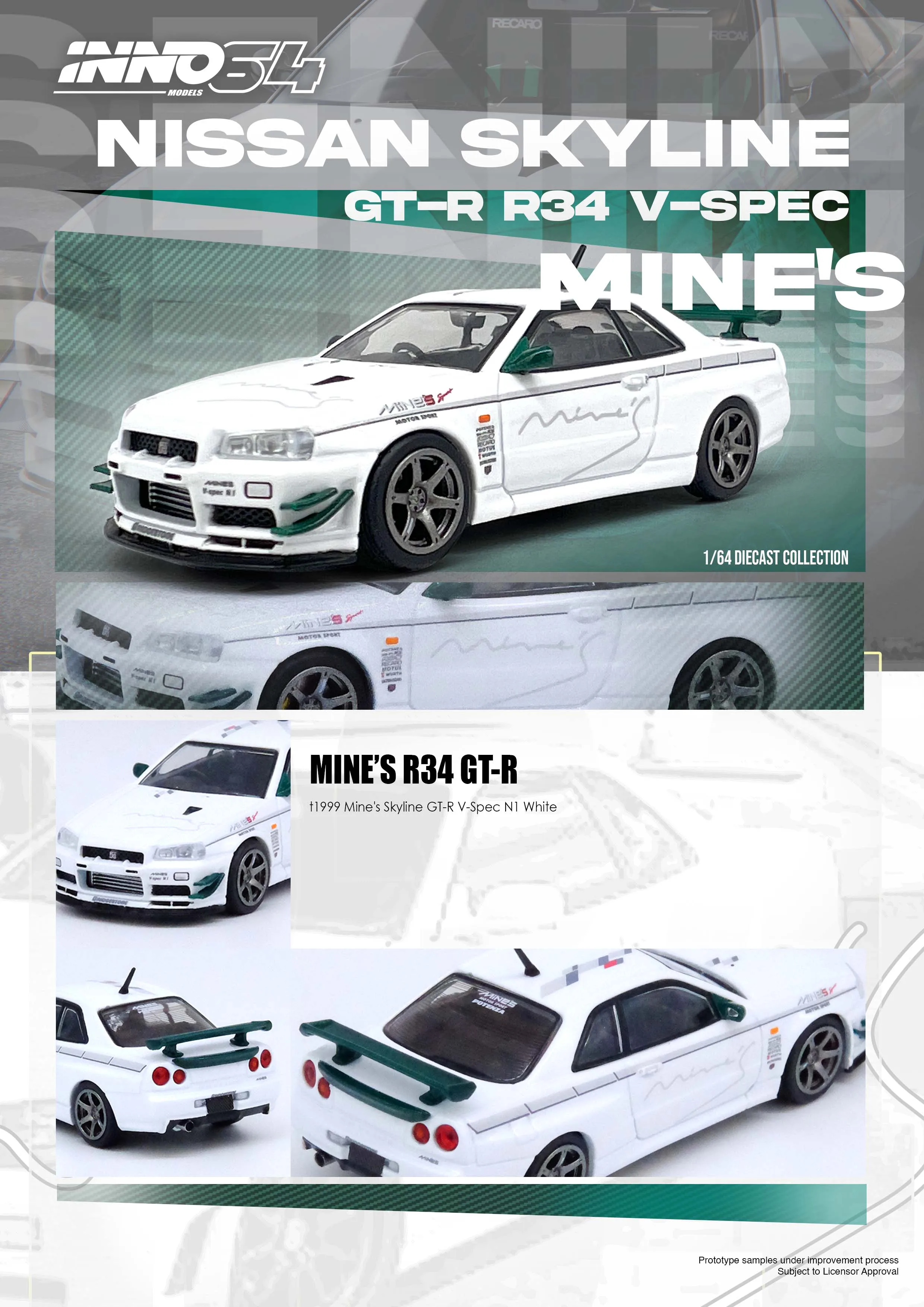 INNO64 models 1:64 NISSAN SKYLINE GT-RR34) V-SPEC Tuned by MINE 'S IN64-R34VS-MINES diecast alloy car model gifts