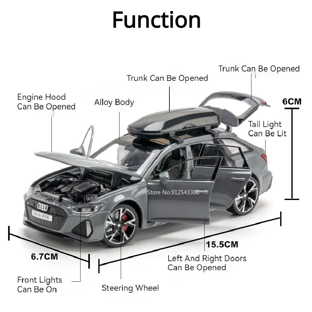 1/32 RS6 Car Model Toy Simulation Alloy Diecast Doors Opened Sound Light Shock Absorption Vehicle Models Ornaments Child Gifts