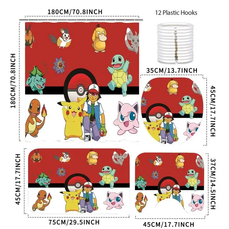 Kawaii Pokemon Shower Curtain Four-Piece Set Pikachu Anime Toilet Mat Floor Mat Shower Curtain Four-Piece Set Cute Gift