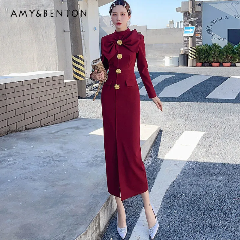 

High-End Graceful Bow Single-Breasted Dress for Women Spring Autumn New Elegant Socialite Slim Fit Long-Sleeved Midi-calf Dress