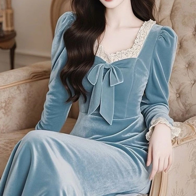 French Style Women Romantic Bow Lace Patchowrk Blue Velvet Slim Long Velvet Dress , Woman Elegant Velour Dresses