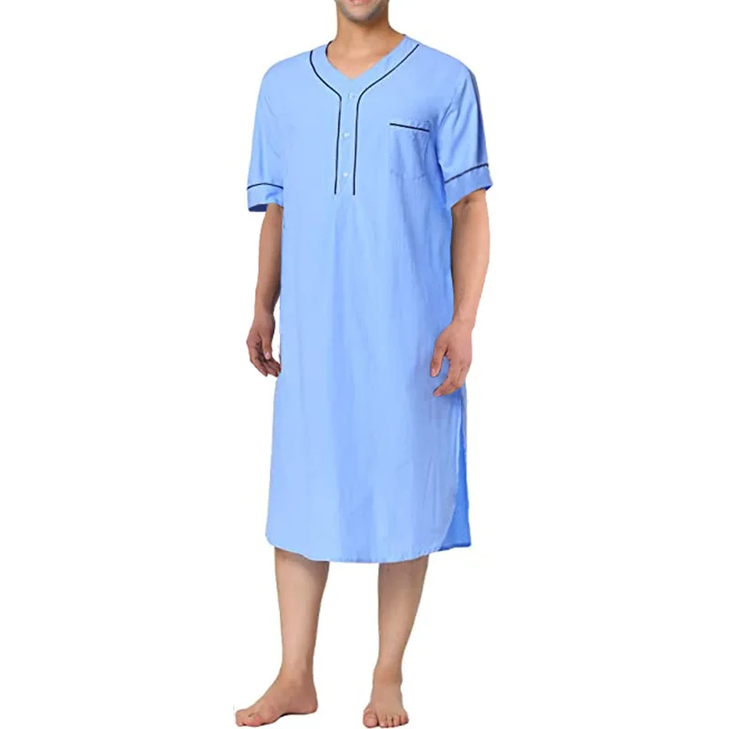 Summer Short Sleeve Men Thin Nightgown Muslim Islamic Homewear Solid Color Loose Saudi Arabia Kaftan Home Abaya Sleep Robe