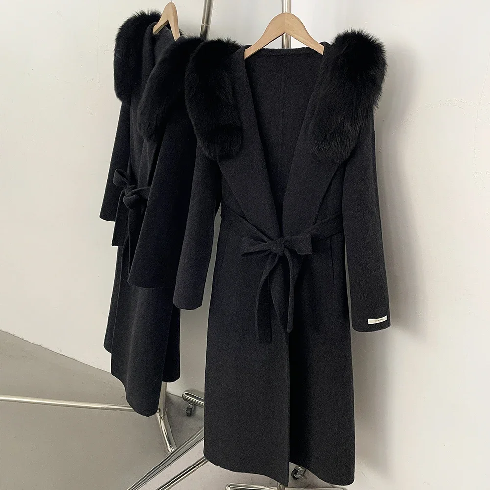 OFTBUY Kapuzenmantel mit Gürtel aus Naturfell und Wolle, langer Damen-Wollmantel mit echtem Fuchsfell, neuer Winter-Wollmantel für Damen – Detail 14