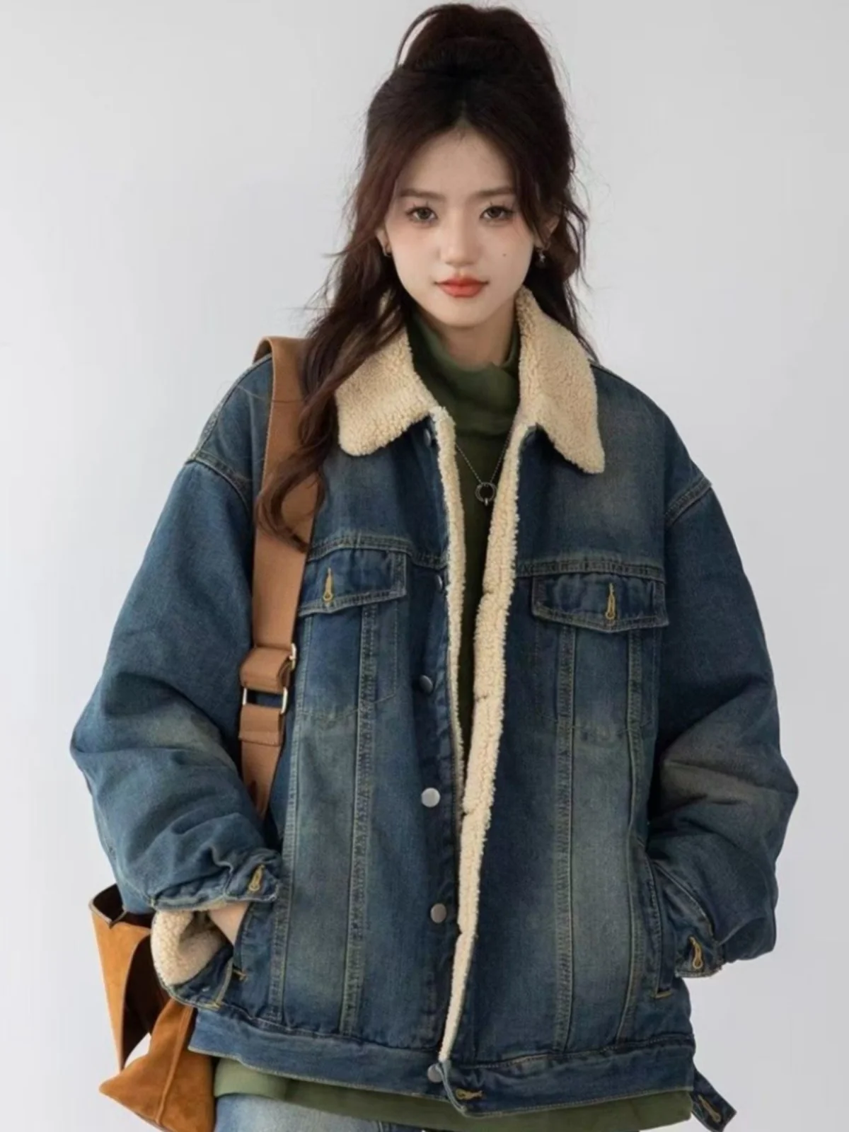 

Denim Coat Long Patch Fur Plush Womens Autumn Buttoned Double-Faced Standneck Outwears Minimalist Preppy Style Jackets All-Match