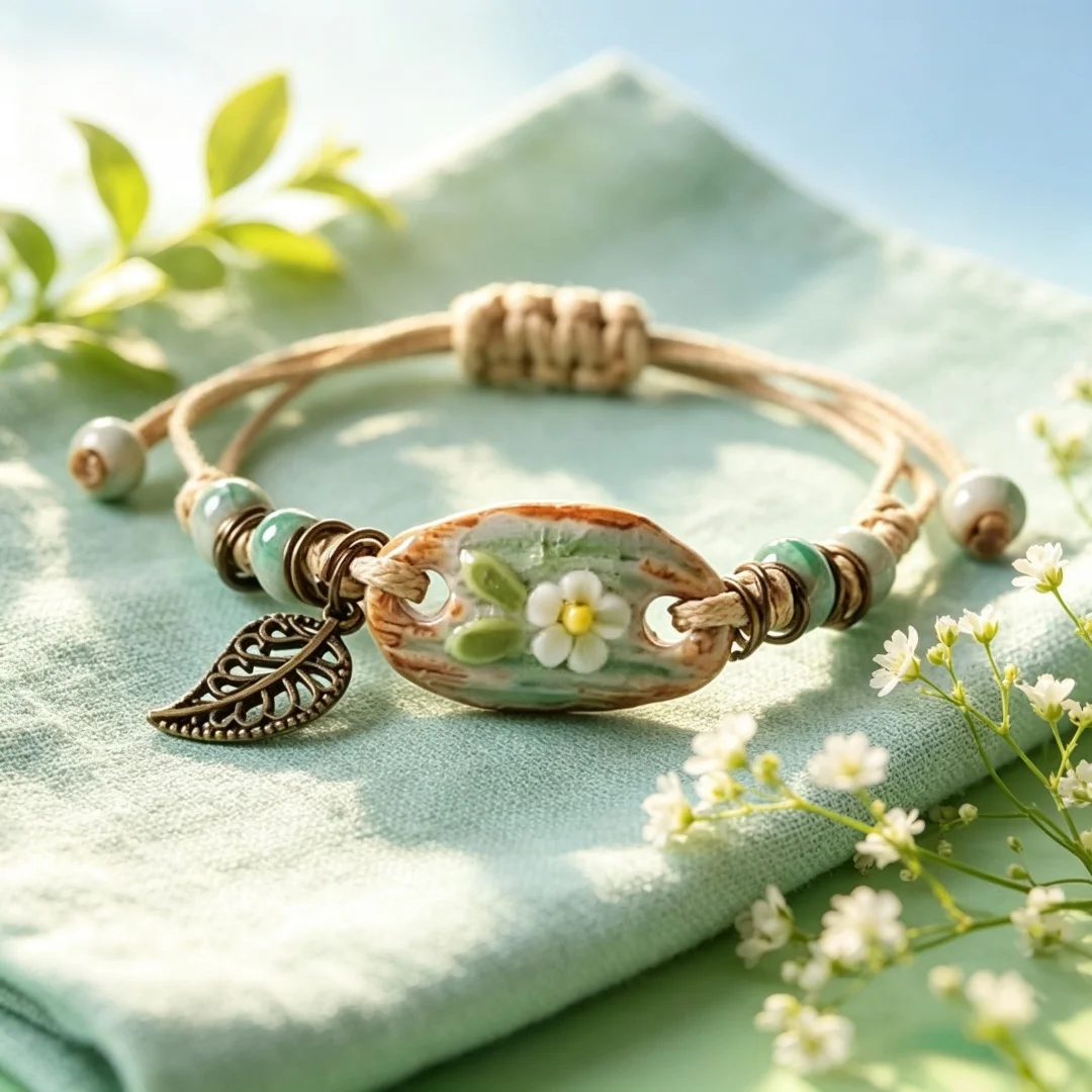 Handwoven Bracelet, Bohemian Wrist Jewelry with 3D Flower  Bee Charms, Dainty Botanical Handmade Bracelet for Daily Wear