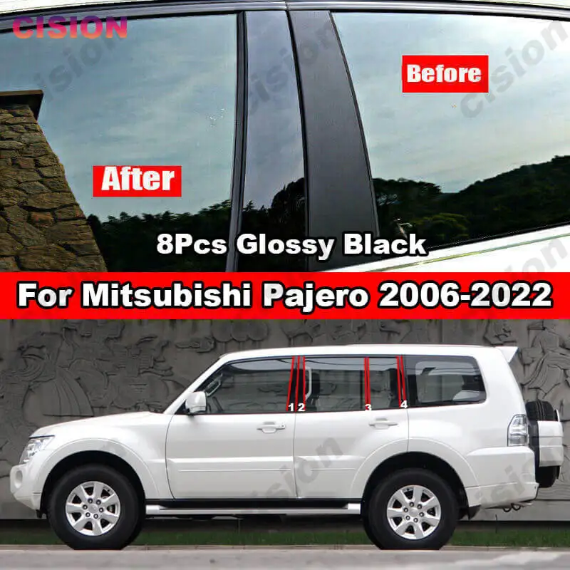 Black Car Window Door Column BC D Pillar Post Cover Trim Mirror Effect PC Sticker For Mitsubishi Pajero Montero Shogun 2006-2022