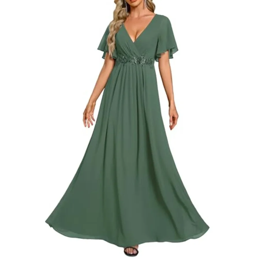 Ever-Pretty Women's Chiffon V-Neck Mother of Bride Dresses A-Line Ruched Short Sleeves Appliques Bridesmaid Dress Formal Gown