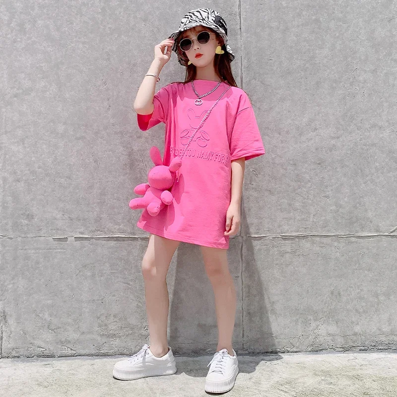 Dress Girls T-shirt Casual Cartoon Solid Summer New Short Sleeve Long T-shirt Loose Fashion Children\'s Clothing Mid-length Tops