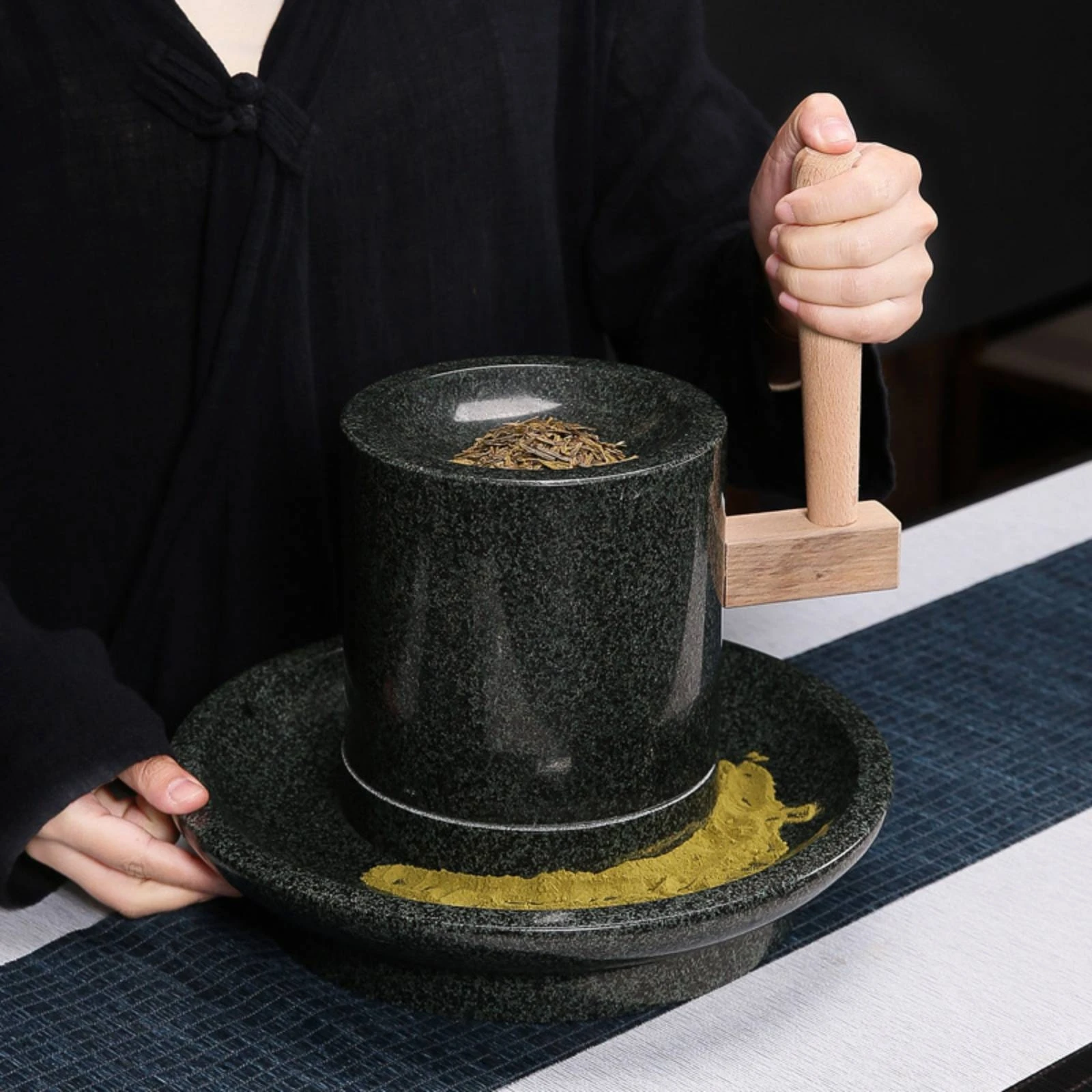 Bluestone Tea Grinder Easy to Use Manual Stone Tea Grinder with Wooden Lever for Home Brewing Rituals, Matcha Cooking