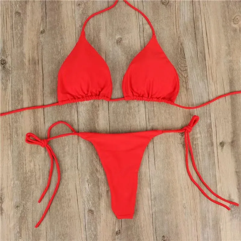 Halter Neck Strap Thong Swimwear para mulheres, biquíni monocromático, maiô feminino, fio dental lateral com gravata, maiô de verão, 2 peças, 2024