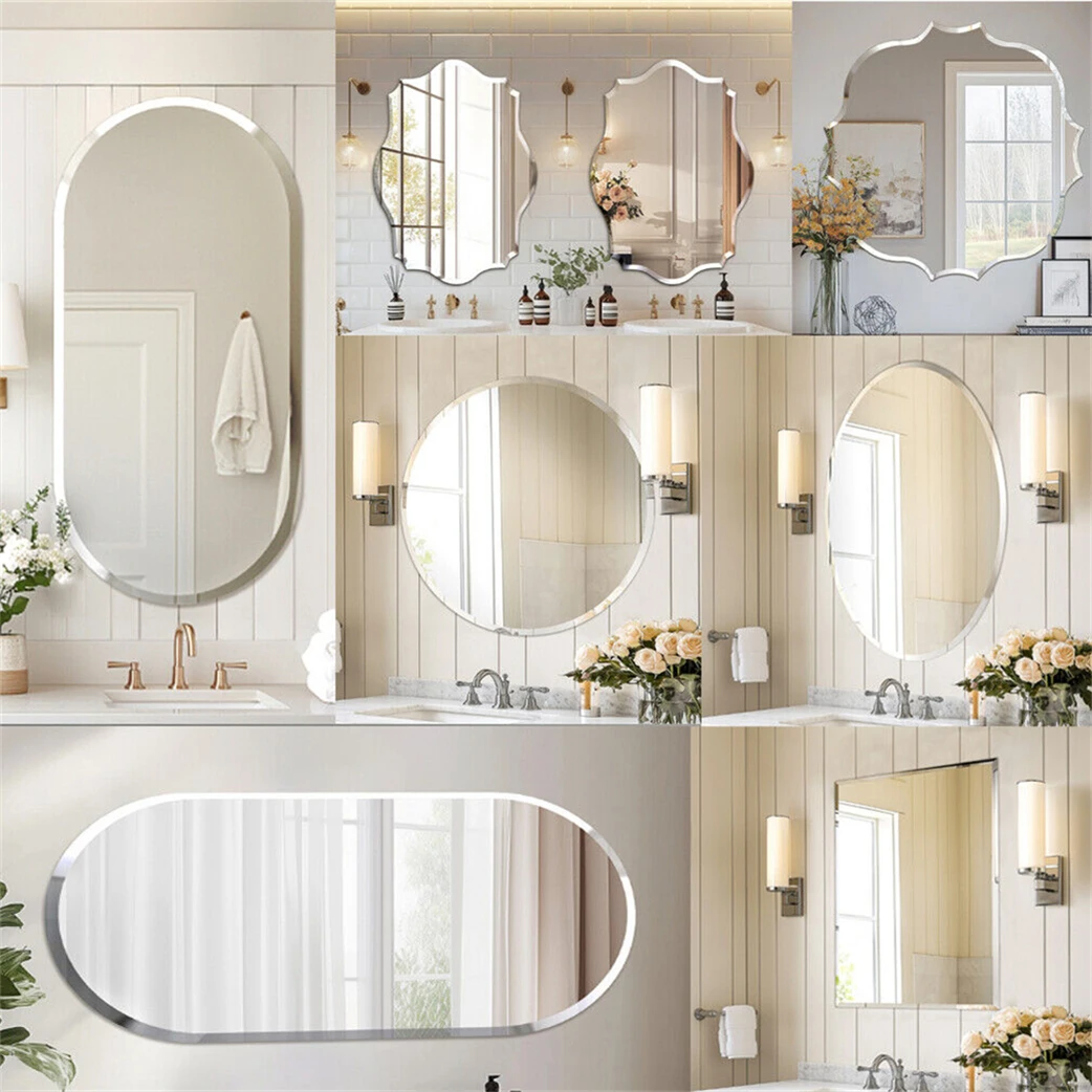 

40-120CM Beveled Edge Frameless Unframed Bathroom Mirror with Hanging Fixings Vanity Mirror for Bathroom, Living Room Entryway