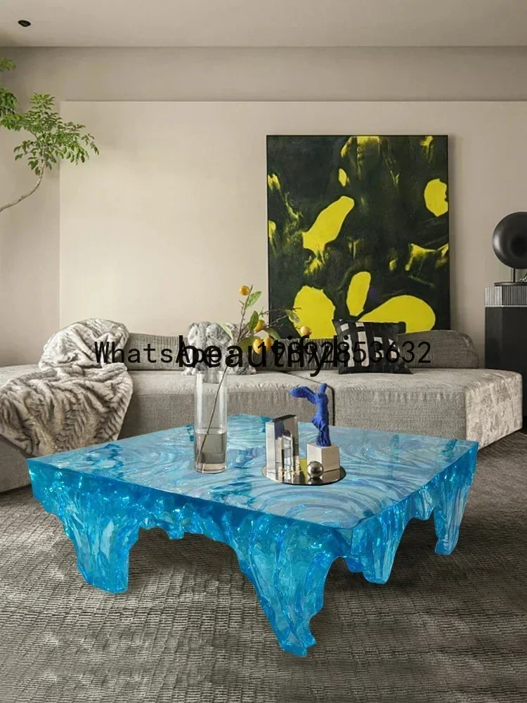 CC Epoxidharz blauer Couchtisch Hotel Wohnzimmer Kunst High-End-Designer transparenter runder Tisch