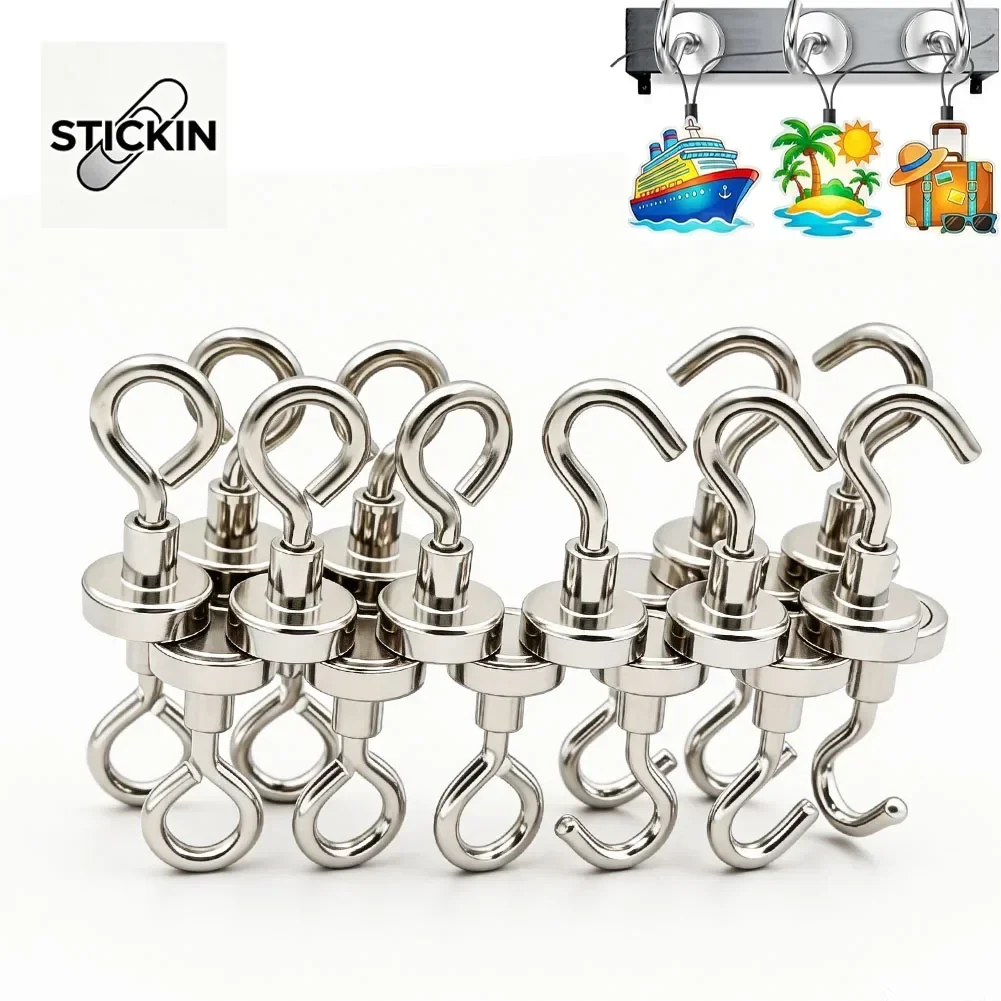 STICKIN 10 PCS Super Strong Neodymium Powerful Magnet Hook Multi-Purpose Storage Storage Key Bathroom Storage Hooks Magnets