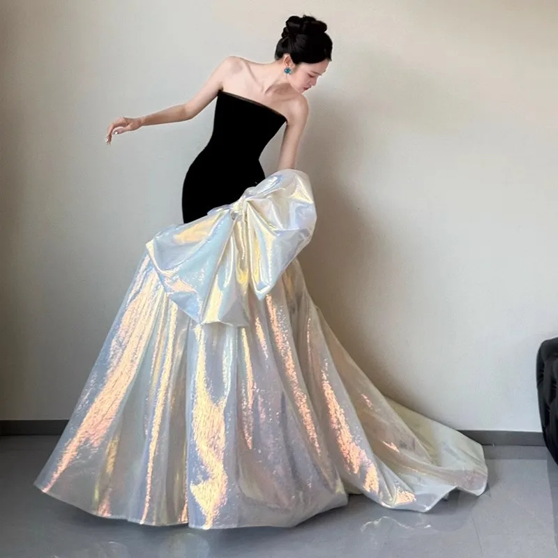 Abiti da Sera a Sirena Senza Spalline Neri Eleganti in Velluto con Fiocco Oversize Abito da Cerimonia Personalizzato Abiti da Sposa Lunghi