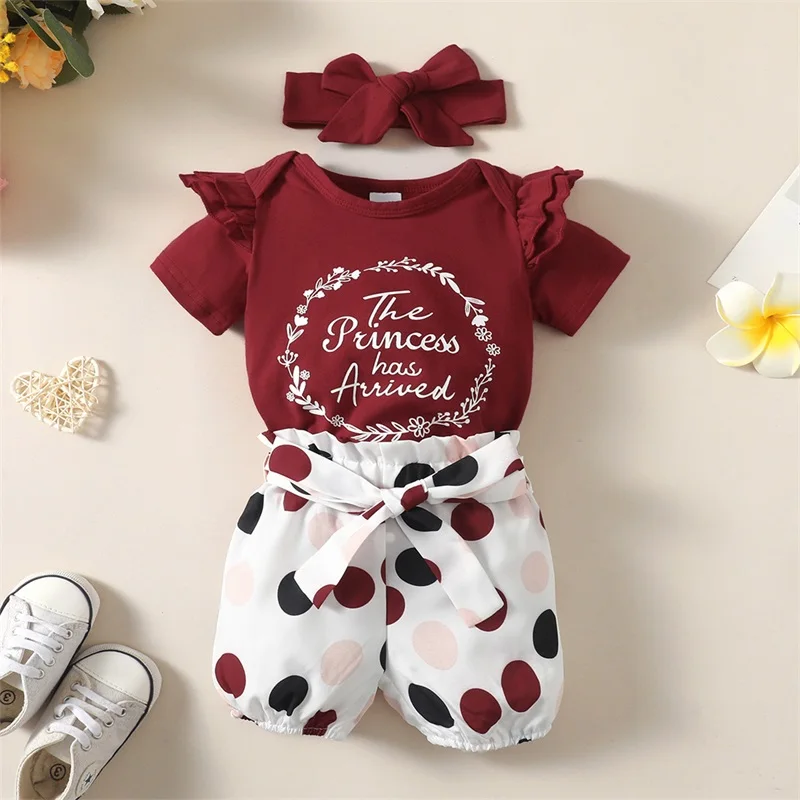 

New Born Infant Girl Summer 3Pcs Outfits Ruffle Short Sleeve Letter Print Romper Polka Dot Shorts Headband Set