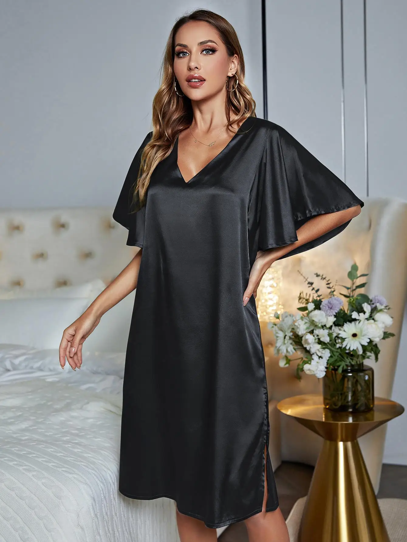 Silk Satin Side Split Women Nightgown Solid Sleepwear V Neck Homewear Summer Short Sleeve Nightwear Dress Pajamas Underwear