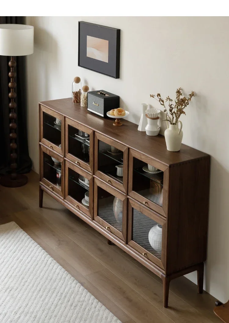 

VHBlack walnut glass side cabinet, combined storage, all solid wood bookcase, sliding door guest restaurant wine cabinet