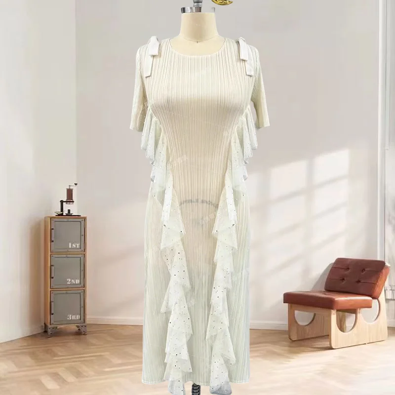 

Miyake Pleated Dresses Plus Size Fold Women's 2025 Summer New White Lace Side Dress Miyake Pleated Long Dress Light Luxury