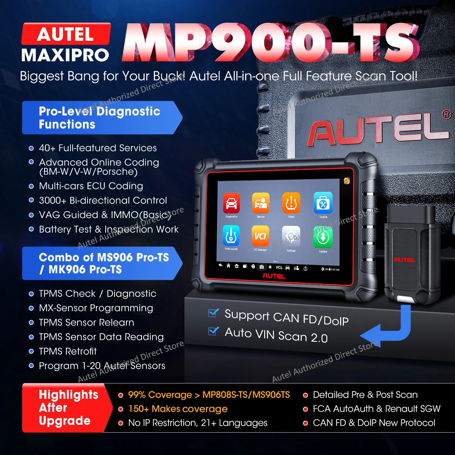 Autel MaxiPRO MP900TS OBD2 Scanner TPMS Diagnostic Tool ECU Coding, Active Test, 40+ Services, CAN FD&DOIP Upgraded of MK808S-TS
