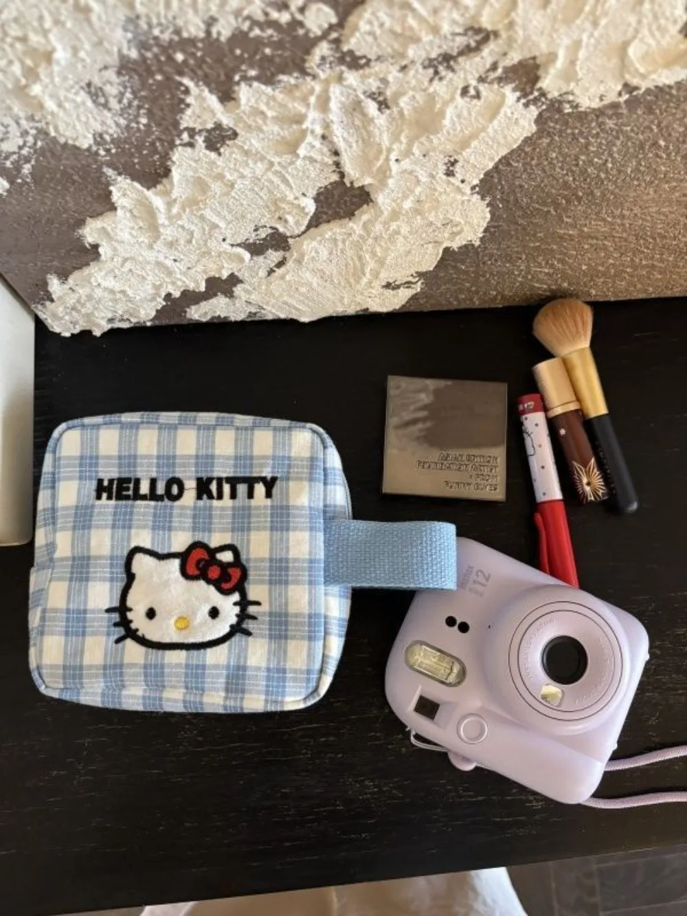 

Kawaii Hello Kitty Blue Checkered Handbag for Spring and Summer Makeup Bag Change Storage Bag Sanrio Gift Toy for Girl