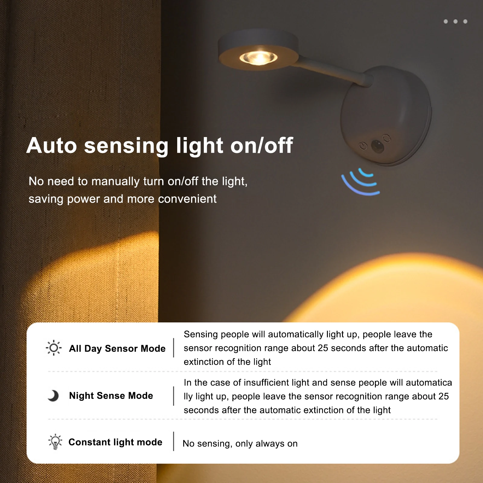 

Wireless Wall Lamp Automatic Sensor On/off Indoor LED Warm Lights Three Adjustable Touch Switch for Home Bedside Bedroom Decor