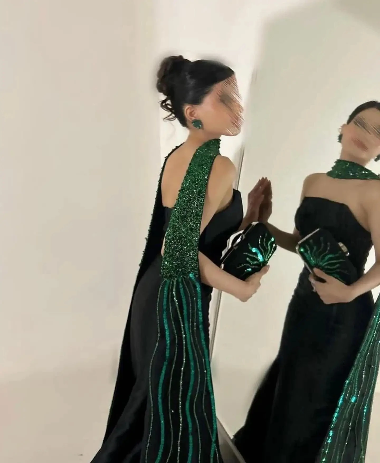 Luxury Black Mermaid Satin Arabic Evening Dresses With Green Beaded Scarf For Women Luxury 2024 Wedding Birthday Party Prom Gown