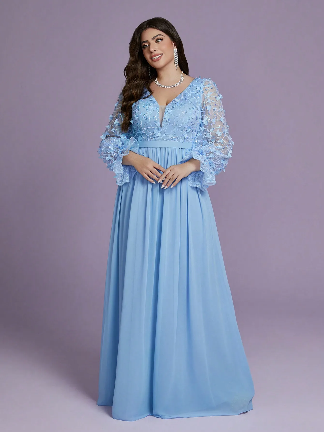 Vestido de noche de alta gama de gasa con perlas y dobladillo de manga larga con lentejuelas y mariposas con estampado de llamas y cuello Mgiacyv