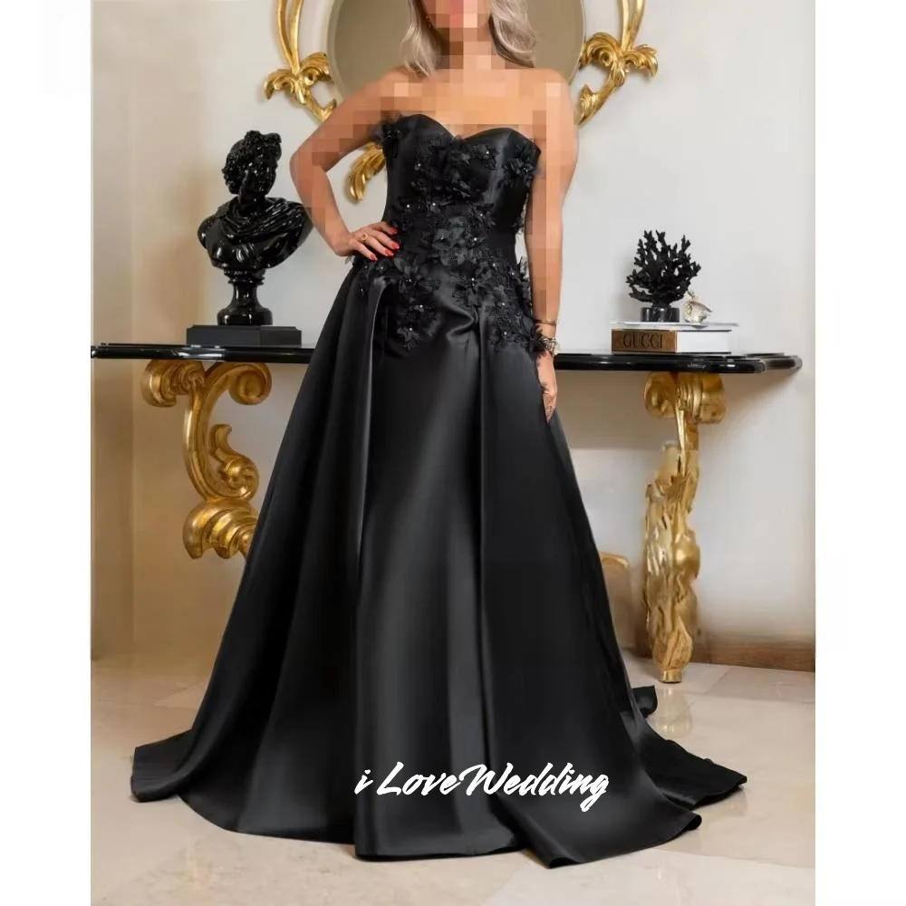 

Черное платье для выпускного вечера без бретелек 2025 г., без рукавов, с 3D цветами, трапециевидной формы, с открытой спиной, на шнуровке, плиссированное, длиной до пола, свадебное платье на заказ