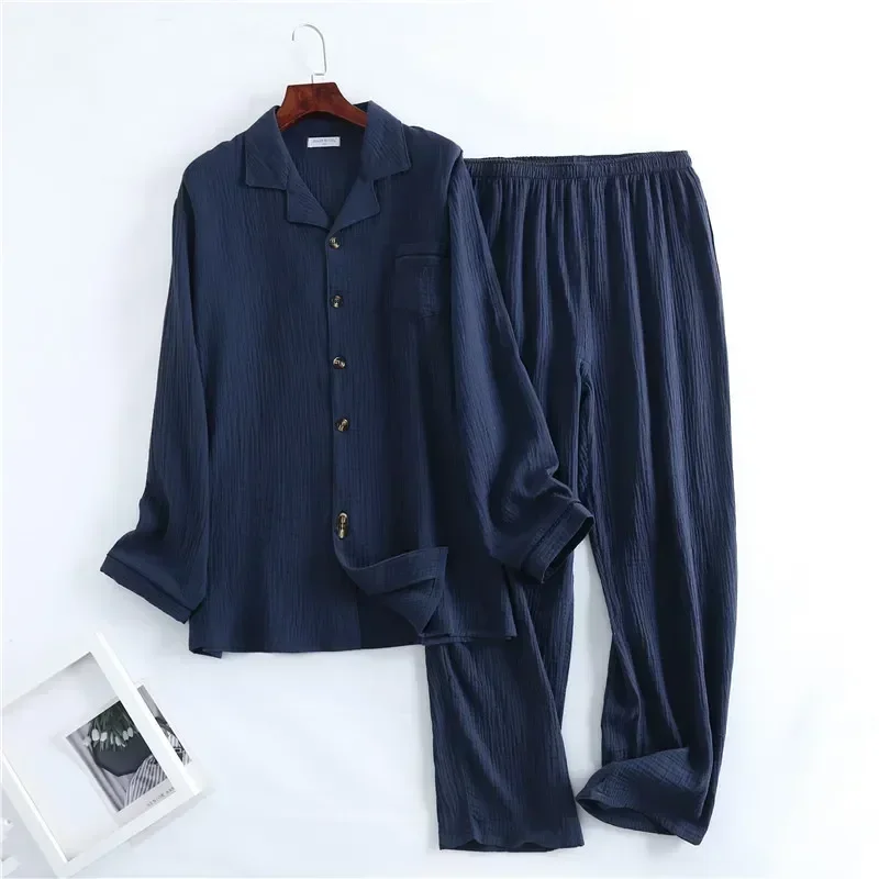 Lounge Pajamas Collar Water Spring Qualities Products Wear Texture Gauze Home Mens New Men's Color Set Solid Suit Crepe Button