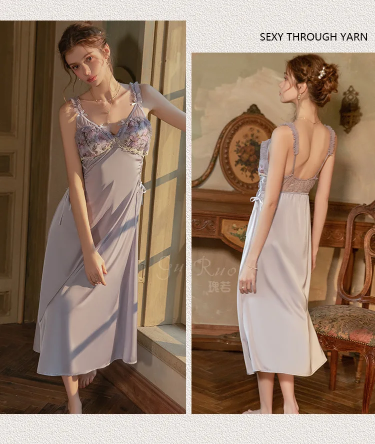 Silk Satin Sleep Dress Lace Embroidery Bow Deep V Neckline Adjustable Spaghetti Straps Removable Pads Long Nightgown homewear