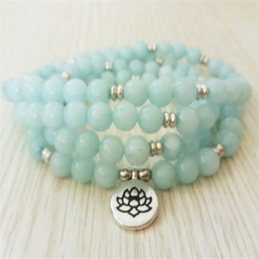 

6mm Aquamarine Gemstone 108 Beads Mala Bracelet pendant Gift Buddhist Charm Men Bangle Men's Link Trendy Prayer