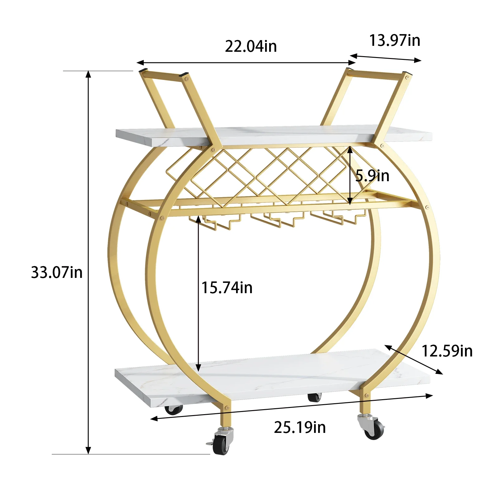 Customized Gold and White Bar Cart Mini Rolling Kitchen Storage Cart with Wine Rack and Glass Holders Wine Cart