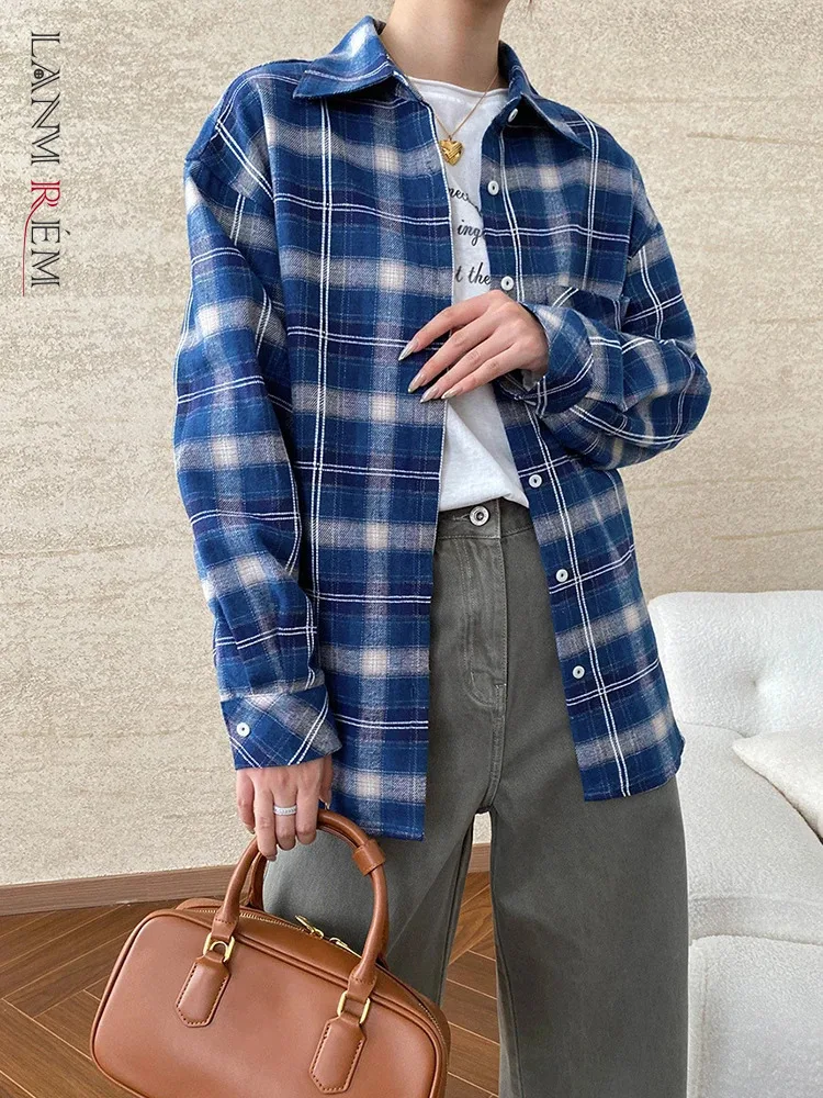 [LANMREM] Plaid Contrast Color Shirt Women\'s Lapel Single Breasted Long Sleeve Vintage Loose Blouses 2024 Autumn New 26C433