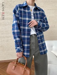 [LANMREM] Plaid Contrast Color Shirt Women's Lapel Single Breasted Long Sleeve Vintage Loose Blouses 2024 Autumn New 26C433