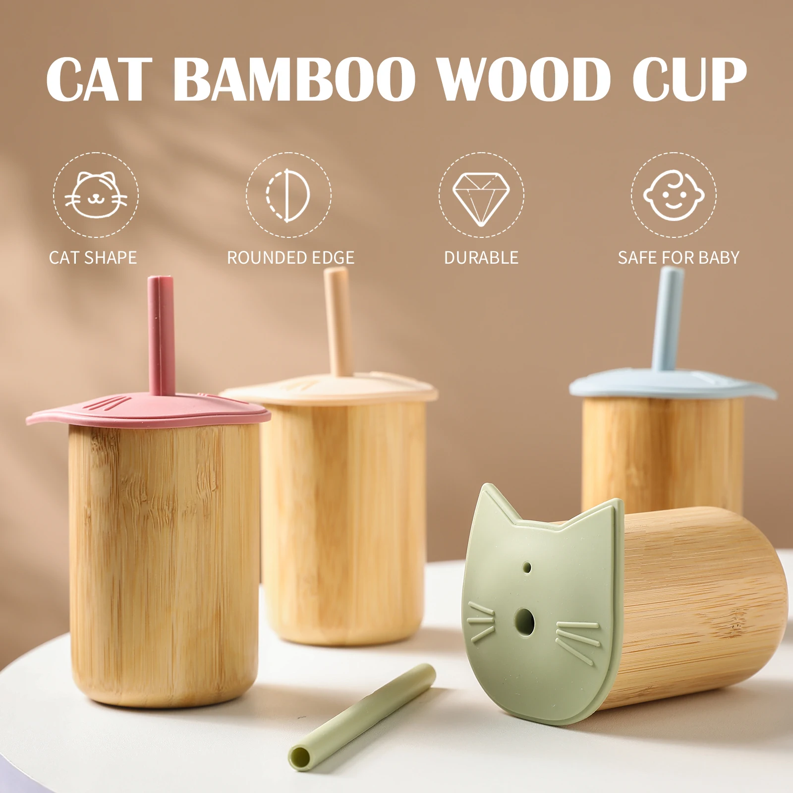 Bopoobo Baby Feeding Cup Silicone Straw Cup BPA Free Detachable Bamboo Wooden Cup Kid Learning Cup Children Soft Straw Cup