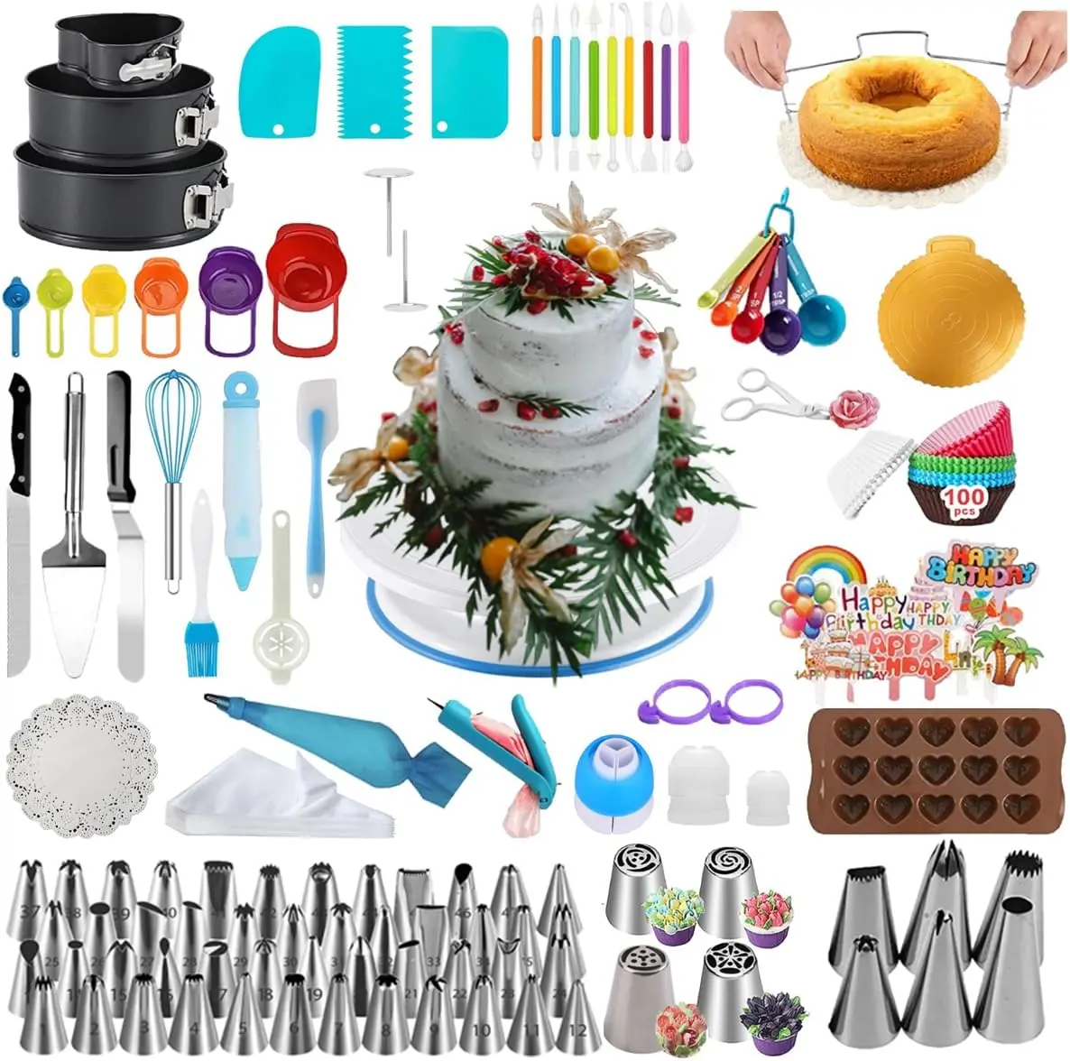 

390PCS Cake Decorating Supplies Kit, Baking Tools Set for Cakes – 3 Packs Springform Cake Pans