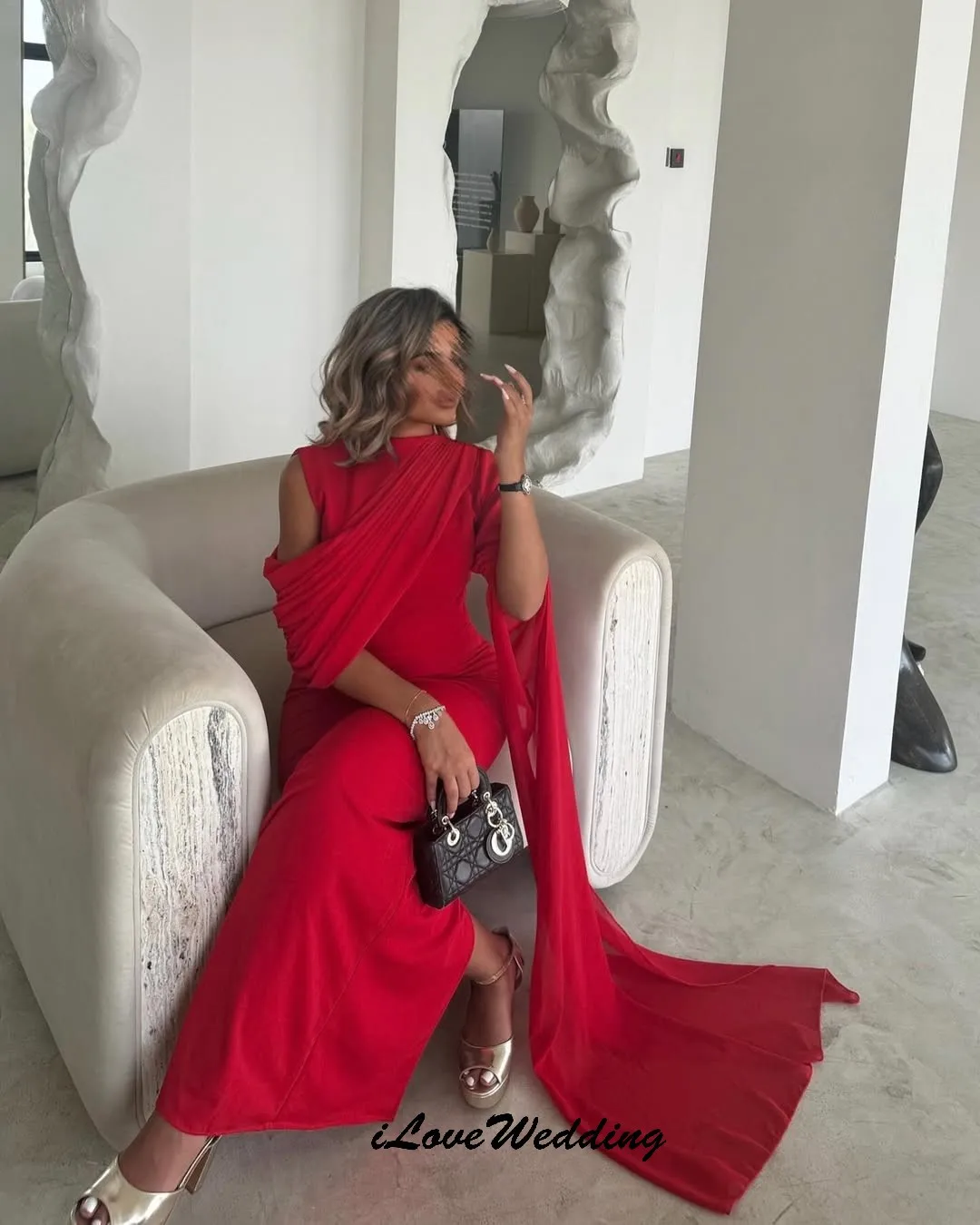 Sukienki na studniówkę z czerwonego szyfonu na zamówienie 2025 Eleganckie sukienki na wesele dla kobiet, sukienki dla gości, z wstążkami, syrenka, suknie wizytowe do kostek