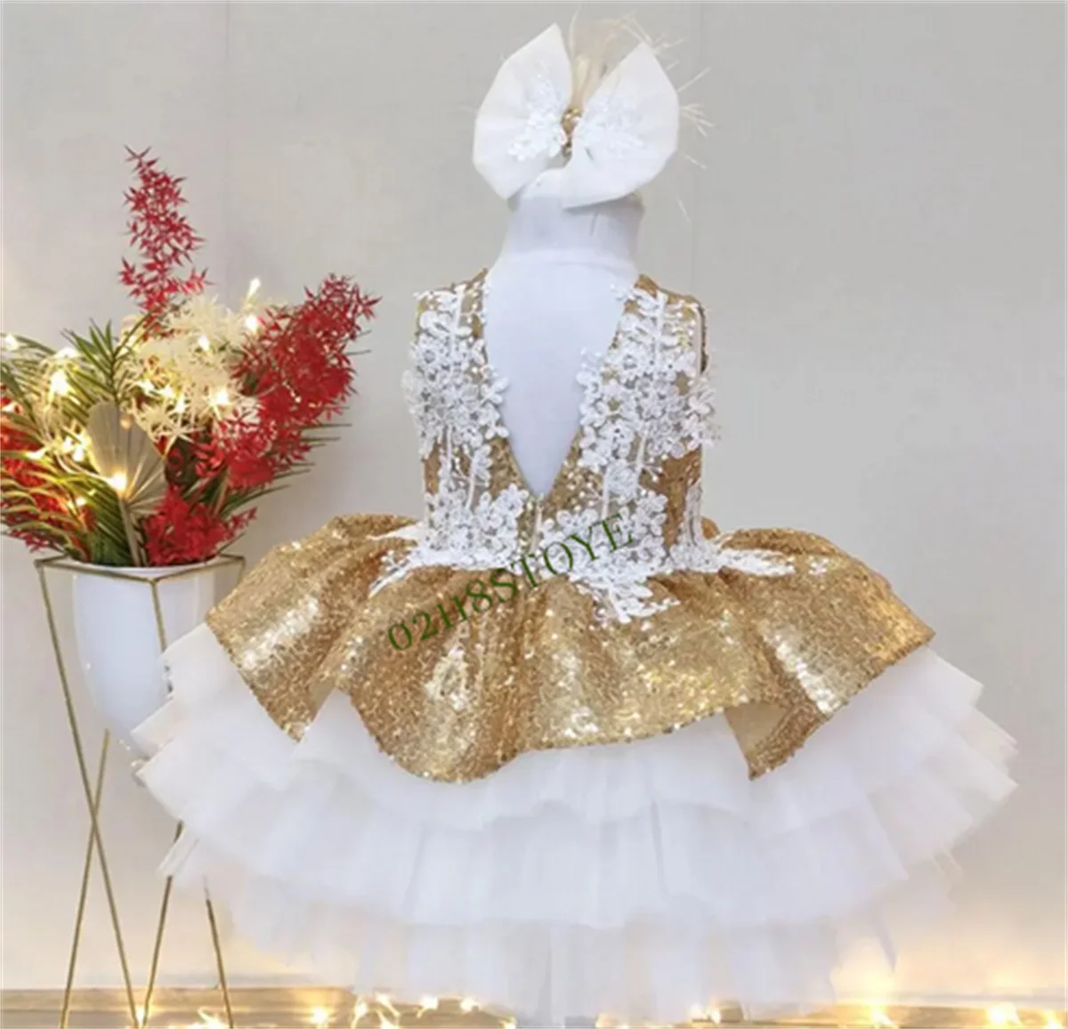 

Gold Sparkle Baby Girl Dress Tutu Sequined Toddler Party Gown Photo Shoot Baptism Dress Birthday Gown with Bow