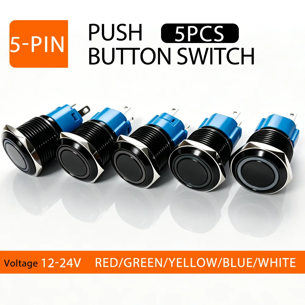5PCS 16MM LED Push Button Switch Momentary/Latching IP65 Waterproof Flat Ring Round Light On-Off 12V-24V 5-Pin For Boat/Auto，DIY