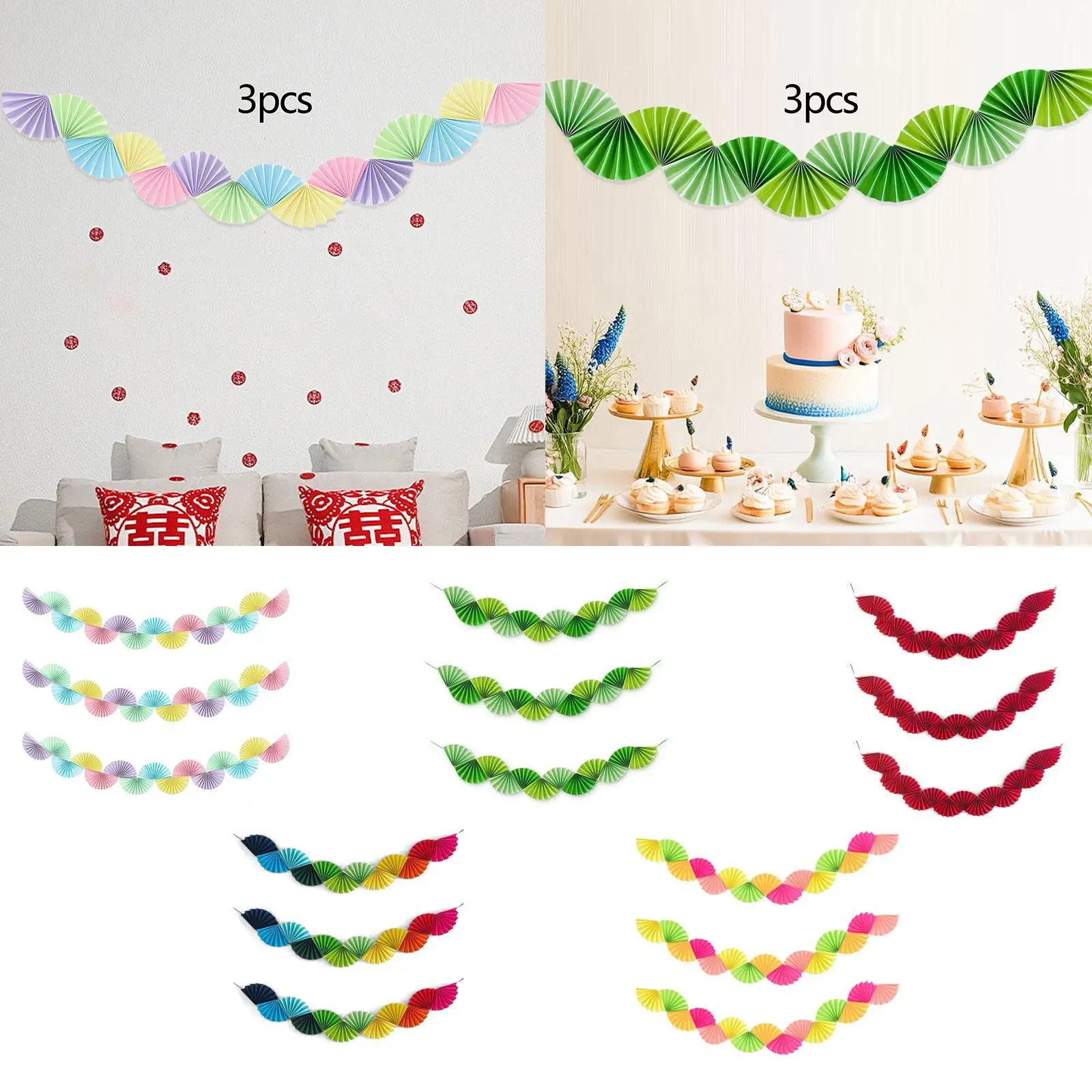 

3x Paper Fans Garland Background Banner Ceiling Hanging Decoration for Baby