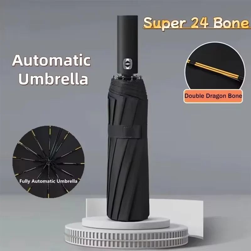 

24 Bone Automatic Umbrella Solid Color Collapsible Large Format Double Umbrella Durable Wind Resistant Sunshade UV Protection